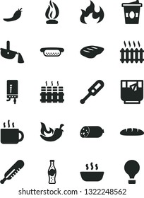 Solid Black Vector Icon Set - electronic thermometer vector e, mercury, radiator, boiler, sausage, loaf, mini hot dog, porridge, chop, chili, cup of tea, coffe to go, a glass, bottle soda, cast iron