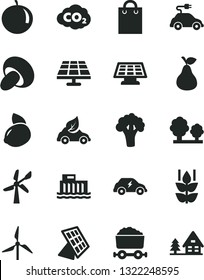 Solid Black Vector Icon Set - porcini vector, pear, mint, tangerine, yellow lemon, broccoli, solar panel, windmill, wind energy, hydroelectric station, trees, eco car, electric, transport, bag, sun