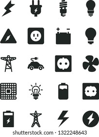 Solid Black Vector Icon Set - lightning vector, matte light bulb, power socket type b, f, fan screw, charge level, charging battery, accumulator, line, pole, plug, energy saving, electric car