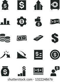 Solid Black Vector Icon Set - dollar vector, strongbox, coins, chart, recession, a crisis, article on the, financial item, money, cash, growth arrows, gold bar, bag hand, coin, pedestal, gear
