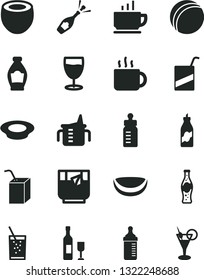 Solid Black Vector Icon Set - measuring cup for feeding vector, bottle, bath ball, e, packing of juice with a straw, coffee, plate milk, tea, glass soda, liquor, piece coconut, half, wine, champagne