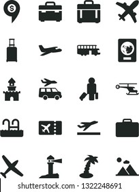 Solid Black Vector Icon Set - suitcase vector, case, coastal lighthouse, sand castle, helicopter, dollar pin, plane, bus, passenger, rolling, passport, ticket, departure, palm tree, pool, transfer