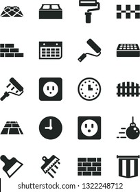 Solid Black Vector Icon Set - paint roller vector, brickwork, brick wall, big core, new, power socket type b, ceramic tiles, building block, putty knife, spatula, fence, paving slab, pavement, clock