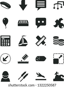 Solid Black Vector Icon Set - image of thought vector, downward direction, toys over the cot, balloon, writing accessories, drawing, brick, left bottom arrow, expand picture, sausage, barbecue