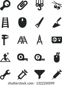 Solid Black Vector Icon Set - winch hook vector, trowel, arm saw, measuring tape, long meashuring, stepladder, ladder, temperature, clip, Chinese chopsticks, compasses, calipers, magnifying glass