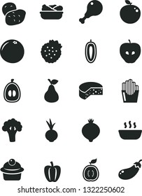 Solid Black Vector Icon Set - cheese vector, muffin, hot porridge, lettuce in a plate, chicken leg, beet, fried potato slices, strawberries, pear, tasty apple, medlar, half loquat, sweet date fruit