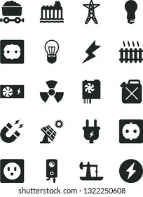 Solid Black Vector Icon Set - power socket type f vector, lightning, boiler, big solar panel, oil derrick, bulb, light, hydroelectricity, line, plug, canister, cast iron radiator, trolley with coal