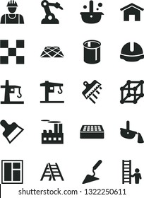 Solid Black Vector Icon Set - crane vector, builder, building trowel, window, ladder, tile, construction helmet, brick, putty knife, spatula, pavement, home, industrial, tower, pipes, robot welder