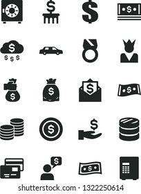 Solid Black Vector Icon Set - dollar vector, strongbox, cards, coins, column of, get a wage, dollars, cash, gold ring, money bag hand, rain, coin, king, limousine, mail, dialog, safe