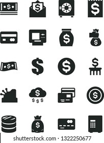 Solid Black Vector Icon Set - dollar vector, strongbox, cards, reverse side of a bank card, front the, column coins, financial item, money, dollars, cash, cashbox, bag hand, rain, coin, mail, atm