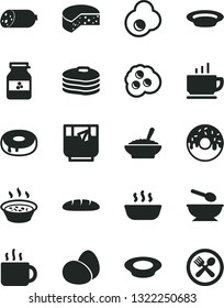 Solid Black Vector Icon Set - deep plate with a spoon vector, coffee, sausage, cheese, eggs, loaf, cake hole, glazed, bowl of buckwheat porridge, in saucepan, hot, milk, cup tea, glass, fried egg