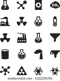 Solid Black Vector Icon Set - round flask vector, manufacture, factory, oil, barrel, industrial building, radiation, carbon dyoxide, filter, water, test tube, molecule, nuclear, biohazard