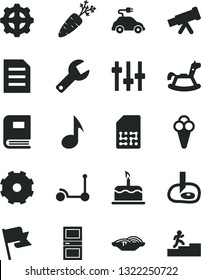 Solid Black Vector Icon Set - truck lorry vector, repair key, rocking horse, Kick scooter, interroom door, flag, cake, slices of onion, cone, carrot, gear, electric car, SIM, note, file, telescope