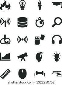 Solid Black Vector Icon Set - mango vector, mouse, memory, usb flash, headphones, wireless, big data, telescope, zoom, bulb, flame, graduate hat, artifical insimination, growth graph, stopwatch