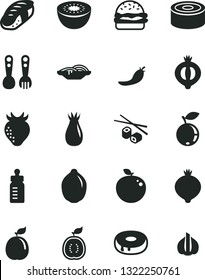 Solid Black Vector Icon Set - feeding bottle vector, plastic fork spoons, canned goods, burger, slices of onion, cake with a hole, Chinese chopsticks, sushi, strawberry, rose hip, medlar, half, lime