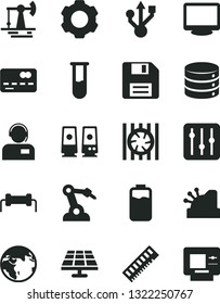 Solid Black Vector Icon Set - floppy disk vector, big data, regulator, operator, charge level, solar panel, working oil derrick, robot welder, front of the bank card, cashbox, radiator fan, memory