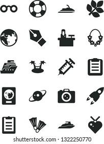 Solid Black Vector Icon Set - glasses vector, clipboard, saturn, rocket, biology, syringe, ink pen, earth, passport, hawaii wreath, flippers, camera, receptionist, jet ski, lifebuoy, cruiser, yacht