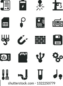 Solid Black Vector Icon Set - keyboard vector, iron fork spoons, brickwork, winch hook, siphon, plummet, charging battery, tower crane, magnet, mercury thermometer, SIM card, gears, research article