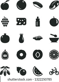Solid Black Vector Icon Set - feeding bottle vector, deep plate with a spoon, piece of cheese, slices onion, sushi, japanese, blueberries, orange slice, ripe peach, pomegranate, large grape, plum