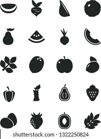Solid Black Vector Icon Set - eggs vector, cabbage, beet, garlic, strawberry, apple, slice of melon, delicious plum, yellow lemon, piece coconut, ripe guava, part, water, stub, pepper, biology