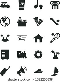 Solid Black Vector Icon Set - earth vector, train, car baggage, escalator, rolling case, boungalow, beach, sun, uv cream, palm tree, flippers, tennis, safe, receptionist, loudspeaker, golf, hammok