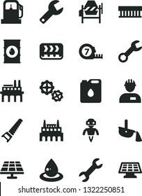 Solid Black Vector Icon Set - repair key vector, workman, gears, concrete mixer, hand saw, long meashuring tape, solar panel, gas station, oil, industrial factory, enterprise, conveyor, canister of