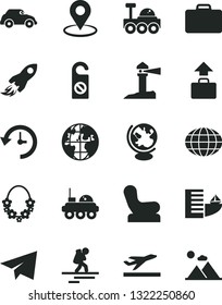Solid Black Vector Icon Set - paper airplane vector, Baby chair, retro car, coastal lighthouse, geolocation, space rocket, globe, planet, history, lunar rover, backpacker, suitcase, baggage, hotel