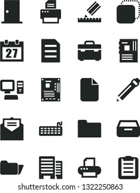 Solid Black Vector Icon Set - daily calendar vector, graphite pencil, suitcase, ntrance door, buildings, drawing, received letter, drawer, copy, computer, keyboard, motherboard, printer, folder