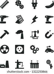 Solid Black Vector Icon Set - cordless drill vector, lightning, hammer, banana, working oil derrick, manufacture, battery, electric plug, socket, thermal power plant, gears, radiation hazard, car