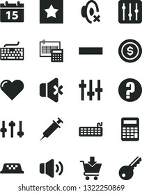 Solid Black Vector Icon Set - keyboard vector, minus, silent mode, question, calculation, calendar, heart, regulator, volume, no sound, put in cart, settings, calculator, syringe, star, dollar coin