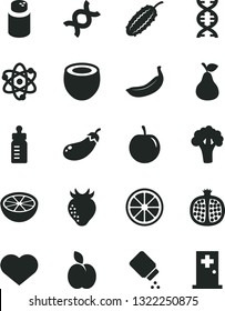 Solid Black Vector Icon Set - heart symbol vector, feeding bottle, powder, baby, apple, pear, half pomegranate, strawberry, tasty plum, juicy lemon, banana, of coconut, grapefruit, broccoli, atom