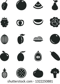 Solid Black Vector Icon Set - onion vector, cucumber, tomato, a pineapple, pear, orange, squash, blackberry, tasty mulberry, melon, loquat, half, ripe plum, of passion fruit, delicious apple