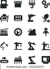 Solid Black Vector Icon Set - crane vector, winch hook, concrete mixer, cordless drill, gear, industrial enterprise, conveyor, production, cloth industry, tower, gas welding, robot welder, assembly
