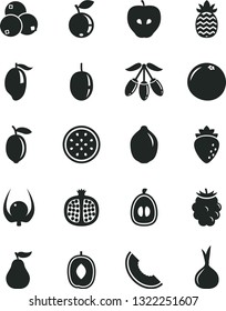 Solid Black Vector Icon Set - half pomegranate vector, tasty apple, raspberry, blackberry, blueberry, blueberries, slice of melon, mango, goji berry, delicious plum, loquat, passion fruit, lemon