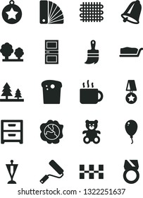 Solid Black Vector Icon Set - teddy bear vector, balloon, new roller, color samples, wooden paint brush, interroom door, ceramic tiles, bell, nightstand, Easter cake, slice, cup of tea, squash