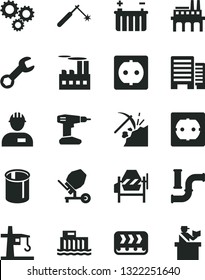 Solid Black Vector Icon Set - workman vector, concrete mixer, drill, power socket type f, buildings, coal mining, water pipes, battery, hydroelectric station, industrial building, enterprise, repair