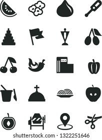 Solid Black Vector Icon Set - electronic thermometer vector e, stacking toy, children's sand set, concrete mixer, flag, onion, chili, popcorn, cherry, tasty apple, cornels, fig, slice of water melon