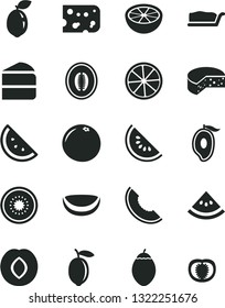 Solid Black Vector Icon Set - piece of cheese vector, cake, slice, orange, plum, melon, water, half mango, lemon, kiwi, tamarillo, sour lime, coconut, grapefruit, tomato