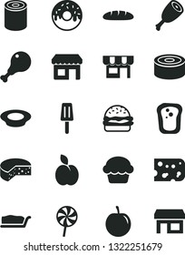 Solid Black Vector Icon Set - kiosk vector, piece of cheese, loaf, canned goods, tin, burger, cake, slice, glazed with a hole, plate milk, chicken leg, thigh, lollipop, popsicle, apple, sandwich