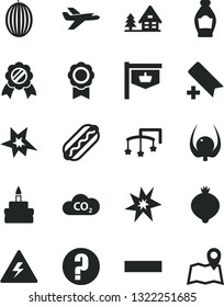 Solid Black Vector Icon Set - danger of electricity vector, add bookmark, minus, question, toys over the cot, Hot Dog, birthday cake, bottle, medlar, melon, physalis, CO2, vintage sign, medal, bang