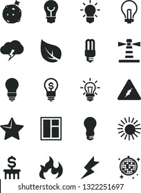 Solid Black Vector Icon Set - incandescent lamp vector, window, bulb, lightning, star, storm cloud, leaf, light, mercury, lighthouse, electricity, flame, flag on moon, dollar column, idea, sun