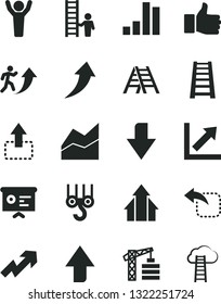 Solid Black Vector Icon Set - upward direction vector, downward, growth up, line chart, tower crane, winch hook, stepladder, ladder, move, left, bar, financial report, finger, man arrow, hands, with
