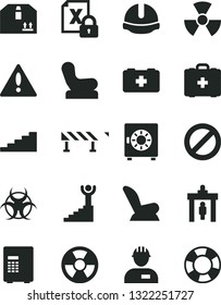 Solid Black Vector Icon Set - warning vector, prohibition, Baby chair, car child seat, bag of a paramedic, medical, workman, construction helmet, road fence, strongbox, cardboard box, encrypting