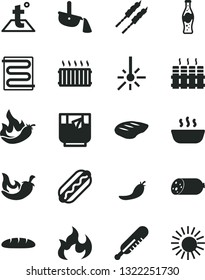 Solid Black Vector Icon Set - mercury thermometer vector, heating coil, temperature, radiator, sausage, loaf, Hot Dog, porridge, chop, barbecue, chili, a glass of tea, bottle soda, red pepper, flame