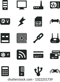 Solid Black Vector Icon Set - monitor vector, bank card, rss feed, electronic thermometer e, lightning, cards, processor, SIM, calculator, pc power supply, tower, usb, router, oscilloscope, resistor