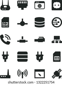 Solid Black Vector Icon Set - power socket type f vector, plug, electric, SIM card, scheme, phone call, router, network, browser, connect, lan connector, wireless, big data, satellite