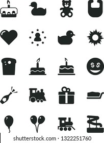 Solid Black Vector Icon Set - bib vector, rubber duck, baby duckling, teddy bear, toy train, children's, colored air balloons, balloon, cake, heart, gift, Easter, slice, torte, stars around man, sun