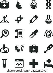 Solid Black Vector Icon Set - first aid kit vector, plus, electronic thermometer e, medical bag, temperature, cardiogram, garlic, round flask, research article, test tube, dna, bactery, pipette