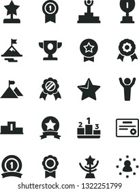 Solid Black Vector Icon Set - star vector, pedestal, medal, winner podium, prize, award, cup, reward, man hands up, motivation, mountain flag, with pennant, ribbon, certificate, stars around