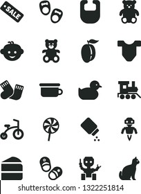 Solid Black Vector Icon Set - baby powder vector, bib, Child T shirt, duckling, warm socks, children's potty, teddy bear, small, hairdo, toy train, bicycle, shoes for little children, piece of cake